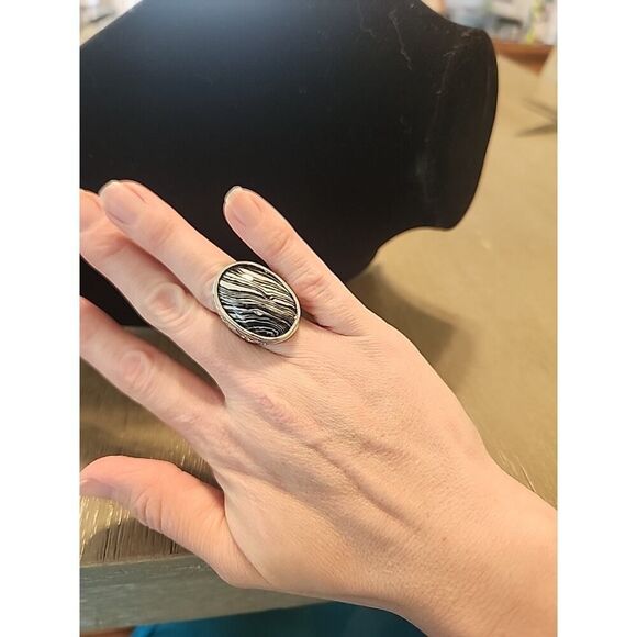 Large Stone Ring 925 Sterling Silver Statement handmade White Black Size 6.5 - Picture 7 of 7